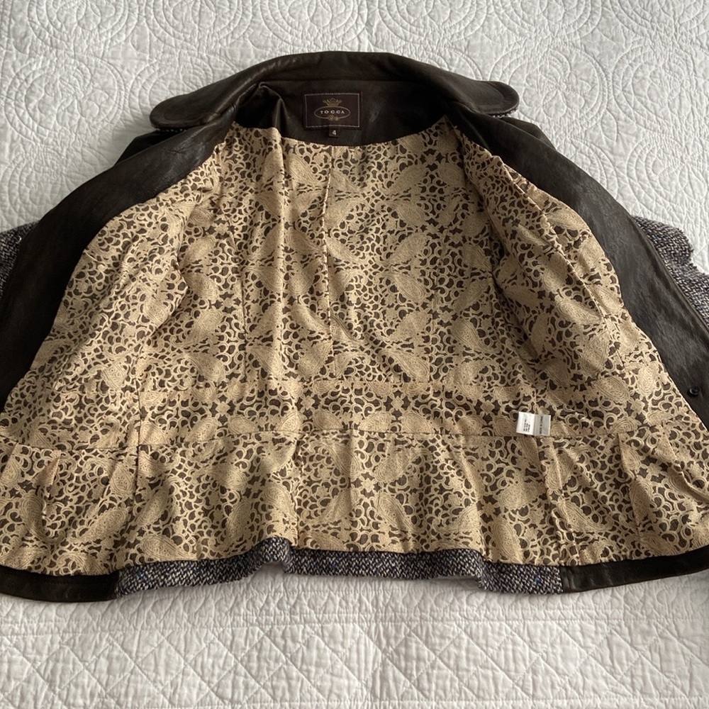 Tocca Leather Blazer Tweed Hourglass Notched Lapels Brown Blue Gray 4 Or S - Picture 6 of 17